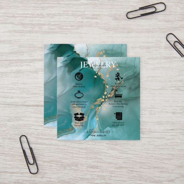 Cartão De Visita Quadrado Cuidados de Joia do Teal Elegante Moderno (Frente/Verso In Situ)