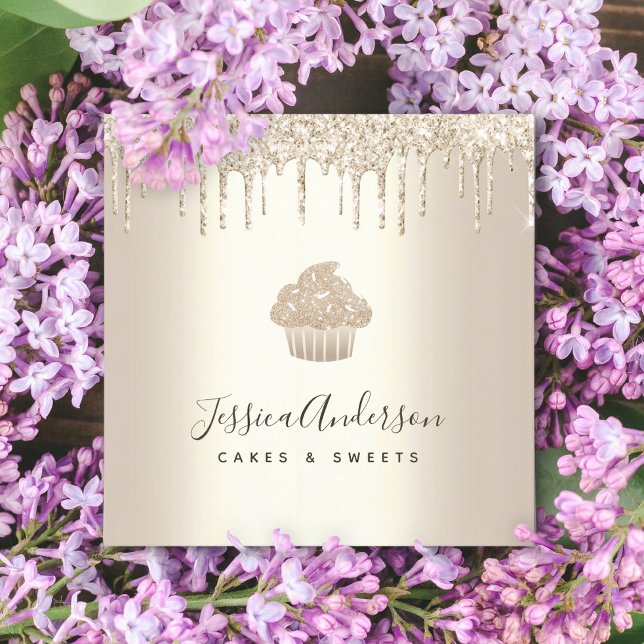 Cartão De Visita Quadrado Cupcake Dourado Pastelaria Chef Glitter Drives Chi (Criador carregado)