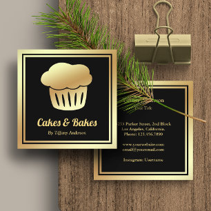 Cartão De Visita Quadrado Cupcake Preto Faux Gold Foil