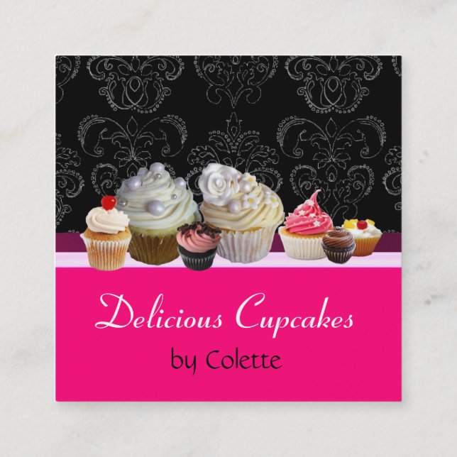 Cartão De Visita Quadrado CUPCAKES DELICIOSOS,DESERTOS,Damasco Preto Rosa Qu (Verso)