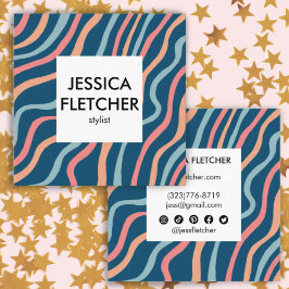 Cartão De Visita Quadrado Curvas Azuis Suaves Ícones Sociais Minimalistas Co