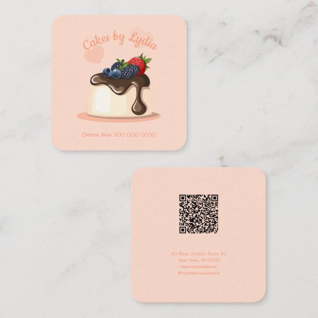 Cartão De Visita Quadrado Custom Cake Bakery Business Card with QR Code (Frente/Verso)