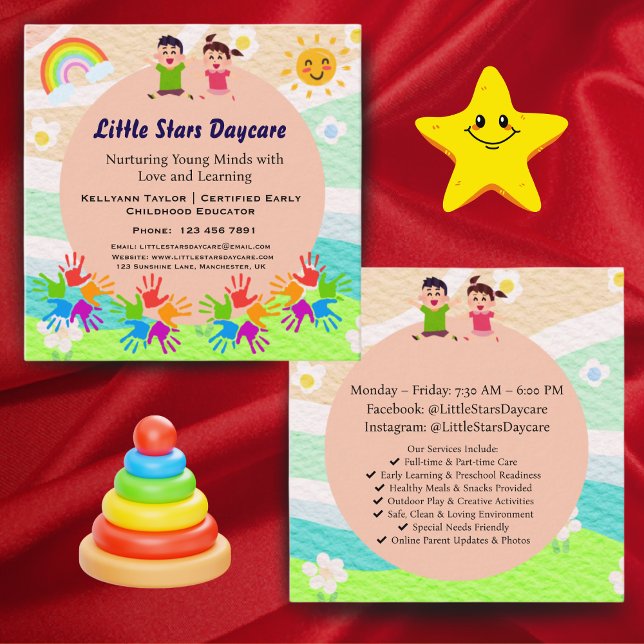 Cartão De Visita Quadrado Custom Rainbow Handprint Sun Daycare Card Template (Criador carregado)