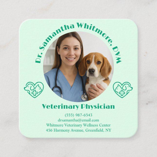 Cartão De Visita Quadrado Custom Veterinary Business Card with Photo  (Frente)