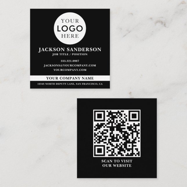 Cartão De Visita Quadrado Customizable Logo Professional Black QR Code (Frente/Verso)