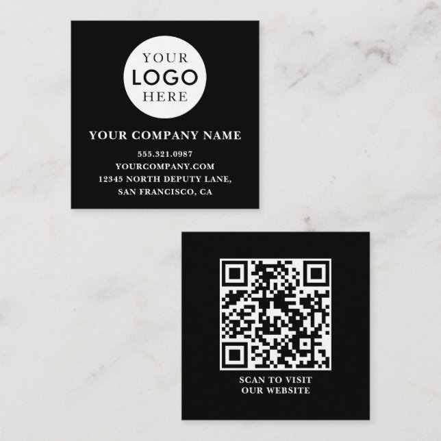 Cartão De Visita Quadrado Customizable Logo Professional QR Code Black (Frente/Verso)