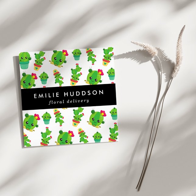Cartão De Visita Quadrado Cute Cactus, Green Cactus, Florificação, Compro Fl (Criador carregado)