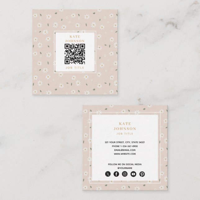 Cartão De Visita Quadrado Cute Daisy Floral Blossoms & Greenery Florist (Frente/Verso)