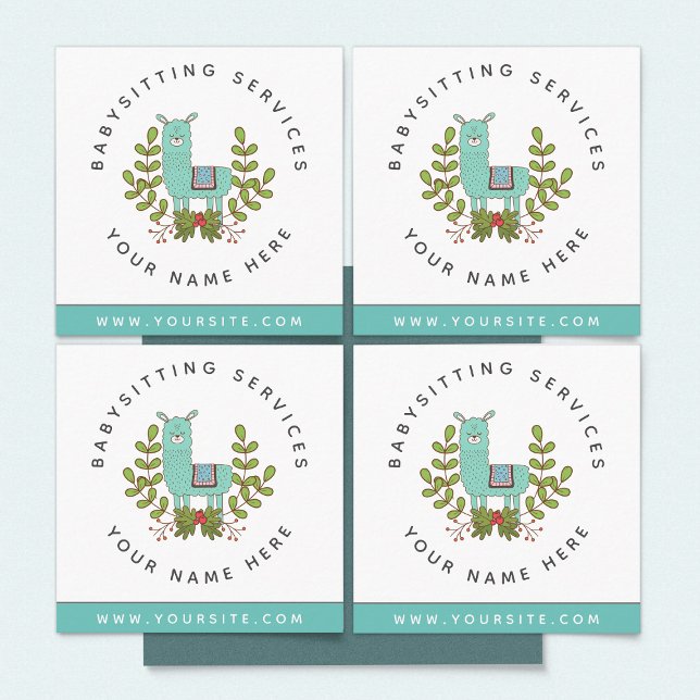 Cartão De Visita Quadrado Cute Llama Greenery Daycare Babysitter (Criador carregado)