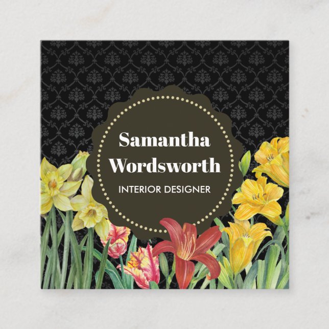 Cartão De Visita Quadrado Damasco das Flores Amarelas de Laranja Laranja Lar (Frente)