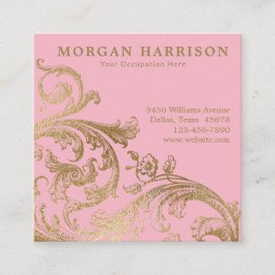 Cartão De Visita Quadrado Damasco Dourado rosa, rolo barroco