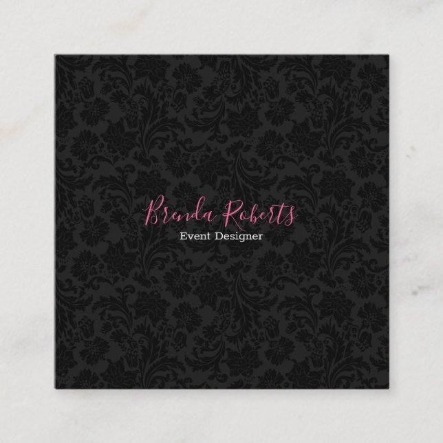 Cartão De Visita Quadrado Damasco Floral para Imagem Reversível Branca e Pre (Frente)