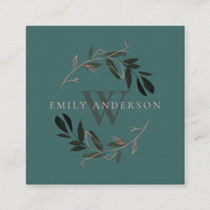 CARTÃO DE VISITA QUADRADO DARK GREEN PINK FAUNA INICIAL WREATH PROFESSIONAL