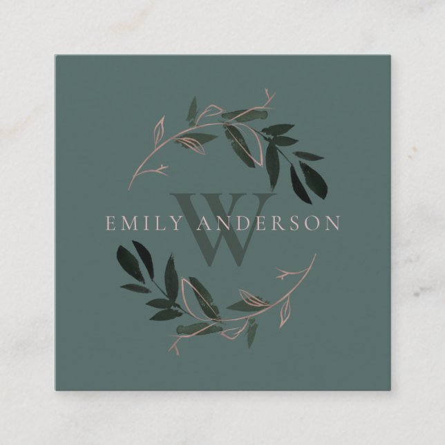 CARTÃO DE VISITA QUADRADO DARK GREEN PINK FAUNA INICIAL WREATH PROFESSIONAL (Frente)