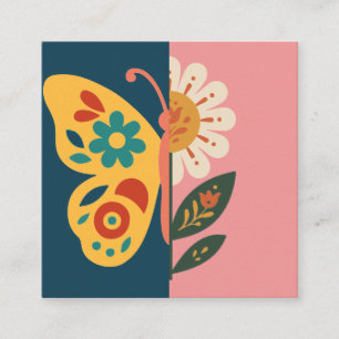 Cartão De Visita Quadrado Decoração de borboleta colorida com elementos flor