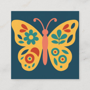 Cartão De Visita Quadrado Decoração de borboleta colorida com elementos flor