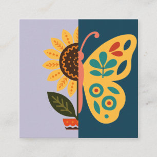 Cartão De Visita Quadrado Decoração de borboleta colorida com elementos flor