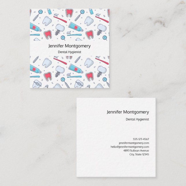 Cartão De Visita Quadrado Dentes e Ferramentas Padrão dentário (Frente/Verso)