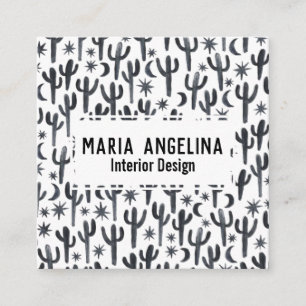 Cartão De Visita Quadrado Deserto Noturno Cactus Moon Stars Design