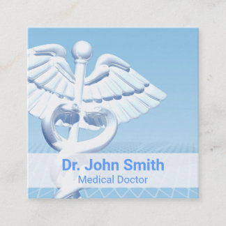 Cartão De Visita Quadrado Design Azul 3D Caduceus Branco Médico
