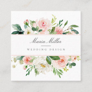 Cartão De Visita Quadrado Design de Casamento Floral Verde Branco Cor-de-Ág