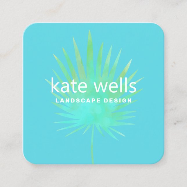 Cartão De Visita Quadrado Design de Paisagem Tropical de Branch Palm de Aqua (Frente)