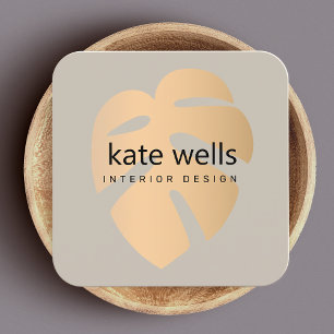 Cartão De Visita Quadrado Design Rosa do interior de folha tropical