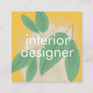 Cartão De Visita Quadrado Designer de Interiores Botânico Folha Amarela Dese