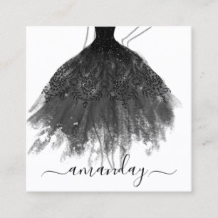 Cartão De Visita Quadrado Designer de Moda Logotipo Glitter Vestido QR Cinza