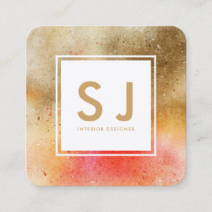 Cartão De Visita Quadrado Designer Moderno do Interior Laranja Dourado
