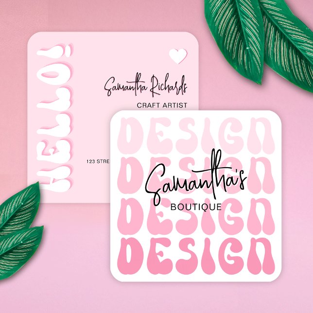 Cartão De Visita Quadrado Designs artesanais Artista Retro Rosa Moderno (Crafter and designers trendy business cards with retro fonts and pink colors)