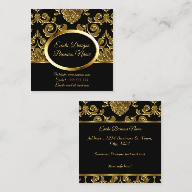 Cartão De Visita Quadrado Designs Elegante, Dourado Damask Floral, A Preto (Frente/Verso)