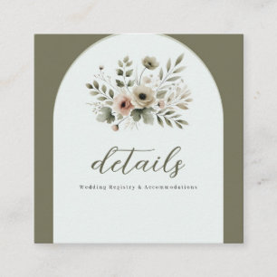 Cartão De Visita Quadrado Detalhe de casamento floral em aquarela verde oliv