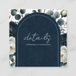 Cartão De Visita Quadrado Detalhes de Casamento Floral Moderno Azul Escuro e