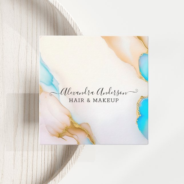 Cartão De Visita Quadrado Detalhes Dourados do Luxury Holographic Opal Agate (Luxury Holographic Opal Agate Marble Gold Details Square Business Card)