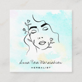 Cartão De Visita Quadrado *~* Deusa de Arte de Linha Botânica QR Greenery 