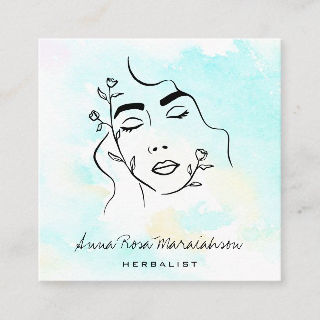 Cartão De Visita Quadrado *~* Deusa de Arte de Linha Botânica QR Greenery  (Frente)