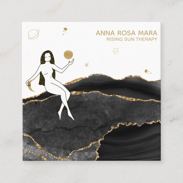 Cartão De Visita Quadrado *~* Deusa Glitter Dourado de Agato Negro Celeste (Frente)