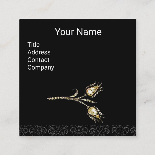 Cartão De Visita Quadrado DIAMONIA TULIPS DAMASK MONOGRAM, preto e branco (Frente)