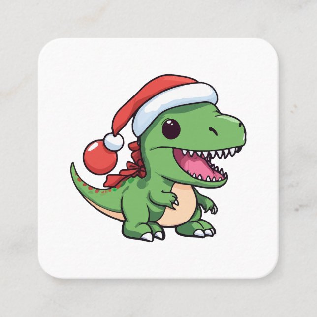 Cartão De Visita Quadrado Dinossauro Kawaii T-Rex no Chapéu de Natal (Frente)