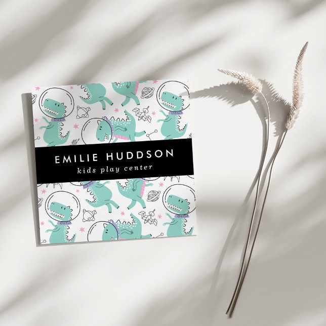 Cartão De Visita Quadrado Dinossauros Espaciais, Kids Play Center, Centro de (Criador carregado)