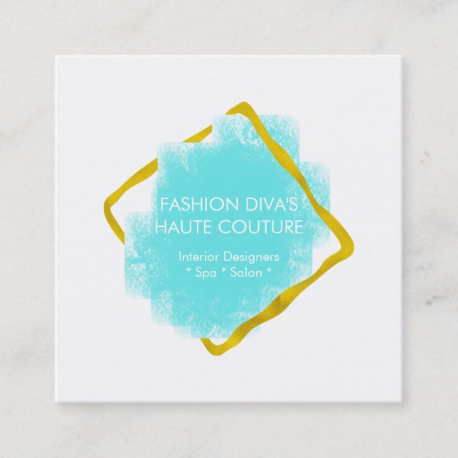 Cartão De Visita Quadrado Do aqua chique do ouro da aguarela quadro azul (Frente)