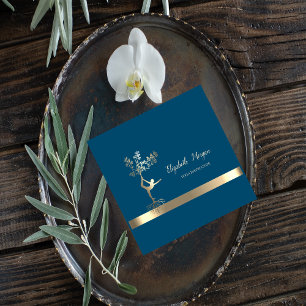 Cartão De Visita Quadrado Dourada Elegante, Árvores Silhuette Yoga