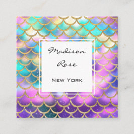Cartão De Visita Quadrado Dourada Escala de Sereia Colorida Pastel Rainbow U