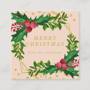 Cartão De Visita Quadrado Dourada família Blush Feliz Natal Holly Glitter