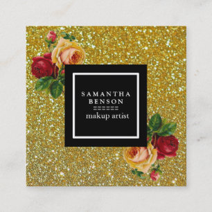 Cartão De Visita Quadrado Dourada Glitter Sparkles Salão de Beleza Floral