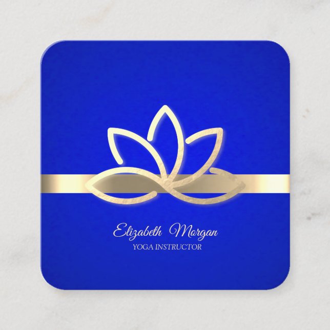 Cartão De Visita Quadrado Dourada moderna, Dourada Lotus Royal Blue (Frente)