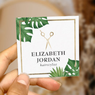 Cartão De Visita Quadrado Dourada tesoura salão de folhas tropicais