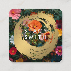 Cartão De Visita Quadrado Dourado Bruto Flores Coloridas