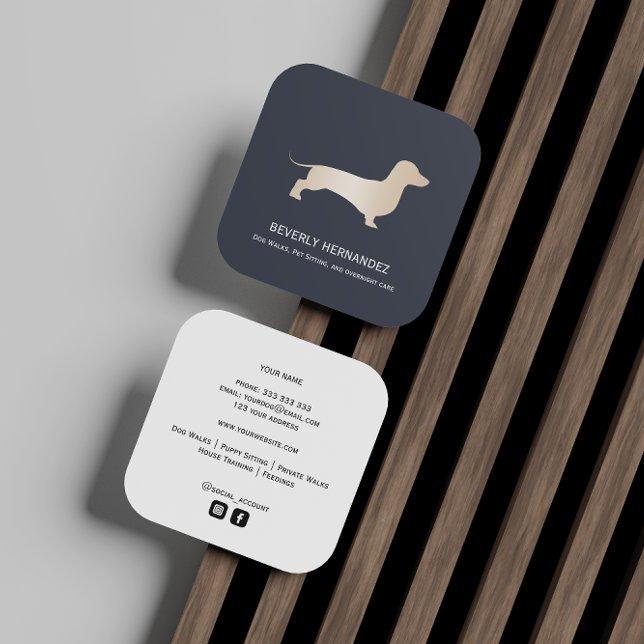 Cartão De Visita Quadrado Dourado cão Dachshund Walker Treinador Puppy senta (Criador carregado)